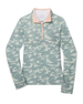 A women's long-sleeve quarter-zip pullover featuring a sage green and light gray camouflage pattern with a contrasting light peach collar and zipper trim.