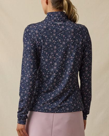 Back view of the Erika Quarter Zip in New Indigo featuring an allover floral vine print