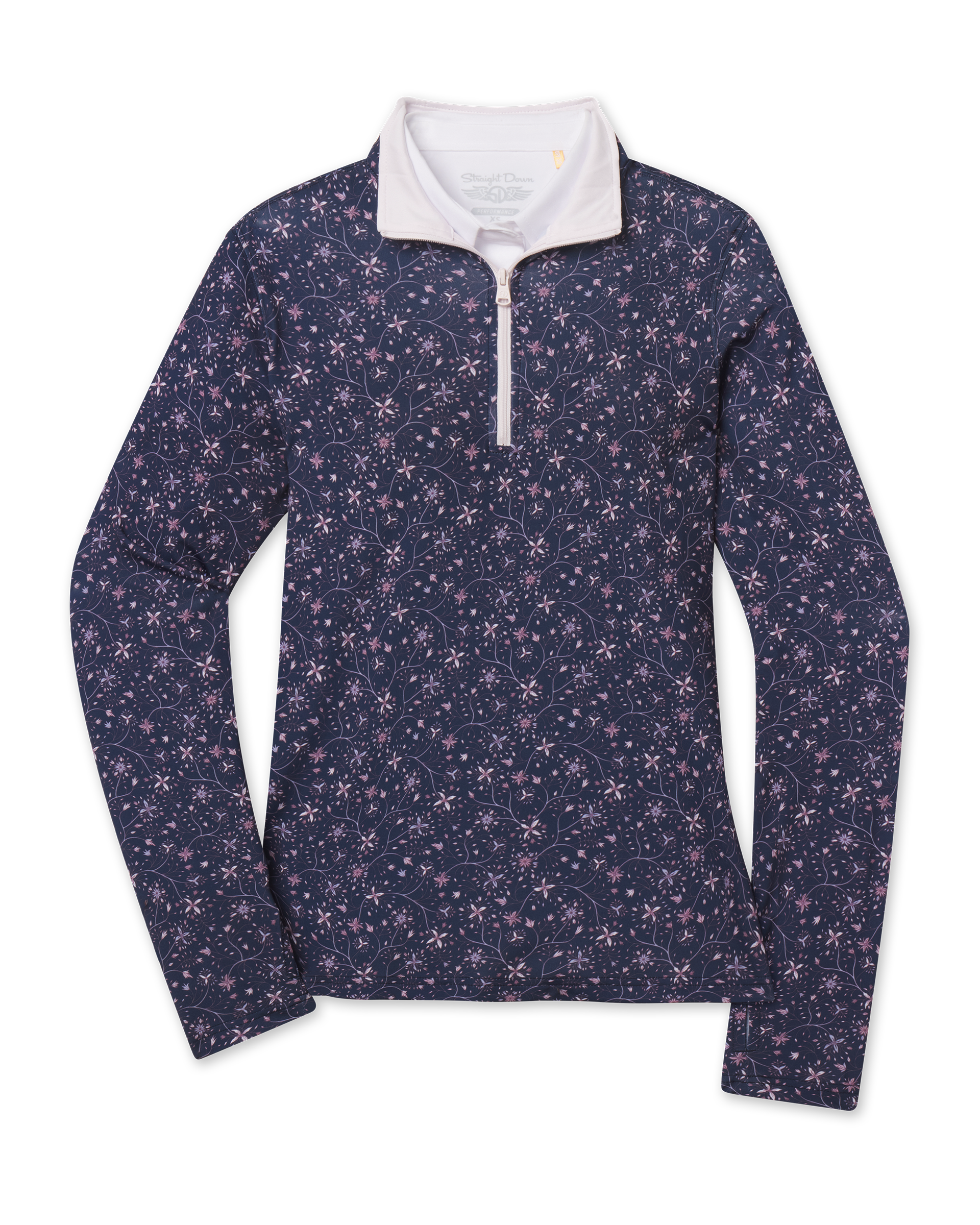 Women's Erika Quarter Zip in New Indigo featuring an allover floral vine print, long sleeves, and a contrast white quarter-zip collar