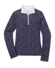 Women's Erika Quarter Zip in New Indigo featuring an allover floral vine print, long sleeves, and a contrast white quarter-zip collar