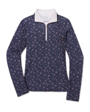 Women's Erika Quarter Zip in New Indigo featuring an allover floral vine print, long sleeves, and a contrast white quarter-zip collar