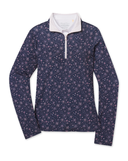 Women's Erika Quarter Zip in New Indigo featuring an allover floral vine print, long sleeves, and a contrast white quarter-zip collar