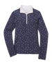 Women's Erika Quarter Zip in New Indigo featuring an allover floral vine print, long sleeves, and a contrast white quarter-zip collar