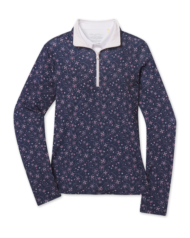 Women's Erika Quarter Zip in New Indigo featuring an allover floral vine print, long sleeves, and a contrast white quarter-zip collar