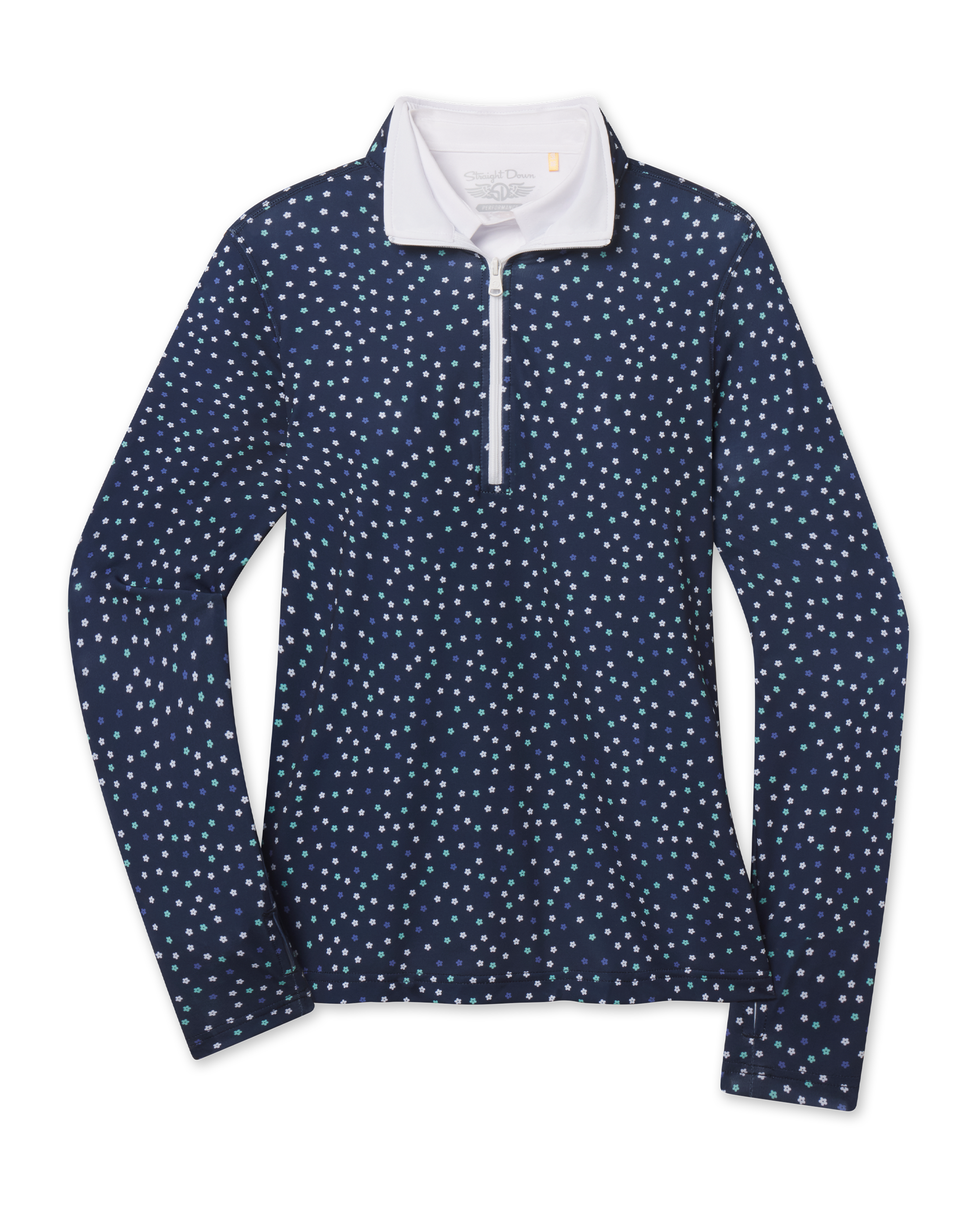 Sprinkles Quarter Zip in New Indigo with scattered floral print, front view
