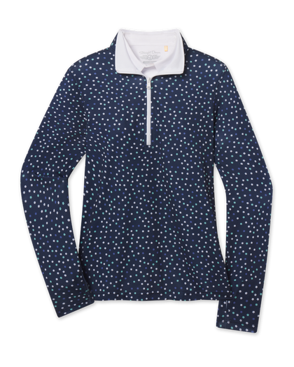 Sprinkles Quarter Zip in New Indigo with scattered floral print, front view