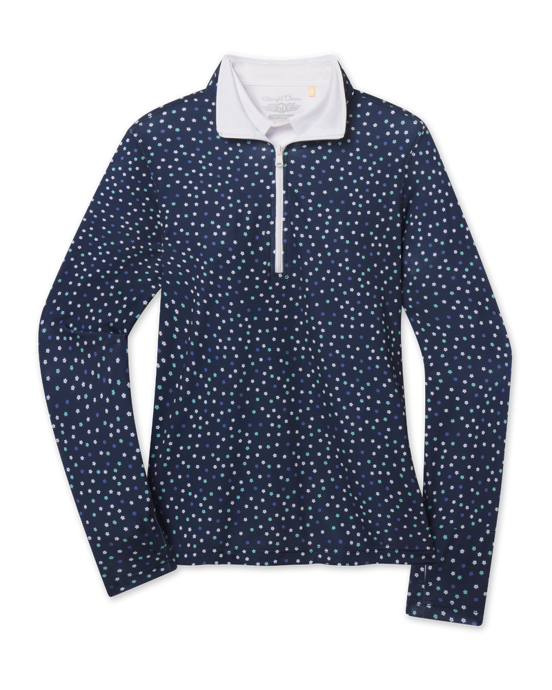 Sprinkles Quarter Zip in New Indigo with scattered floral print, front view