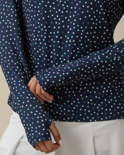 Sprinkles Quarter Zip in New Indigo, sleeve and print detail