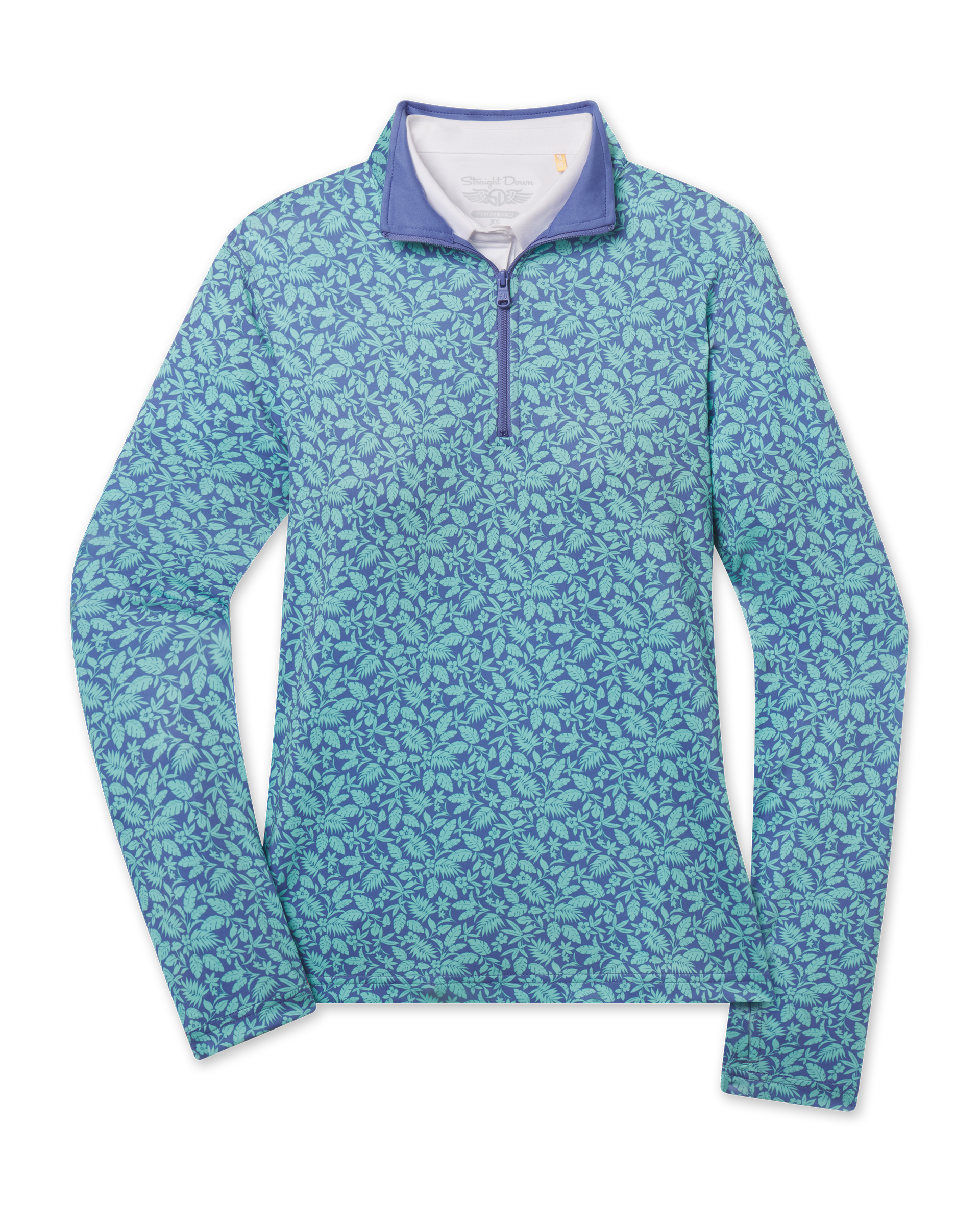 Huli Quarter Zip in Tidal Blue with tropical floral print, front view