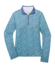 Huli Quarter Zip in Tidal Blue with tropical floral print, front view
