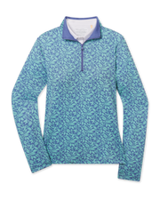 Huli Quarter Zip in Tidal Blue with tropical floral print, front view