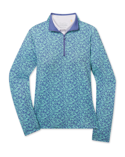Huli Quarter Zip in Tidal Blue with tropical floral print, front view