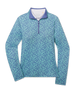 Huli Quarter Zip in Tidal Blue with tropical floral print, front view