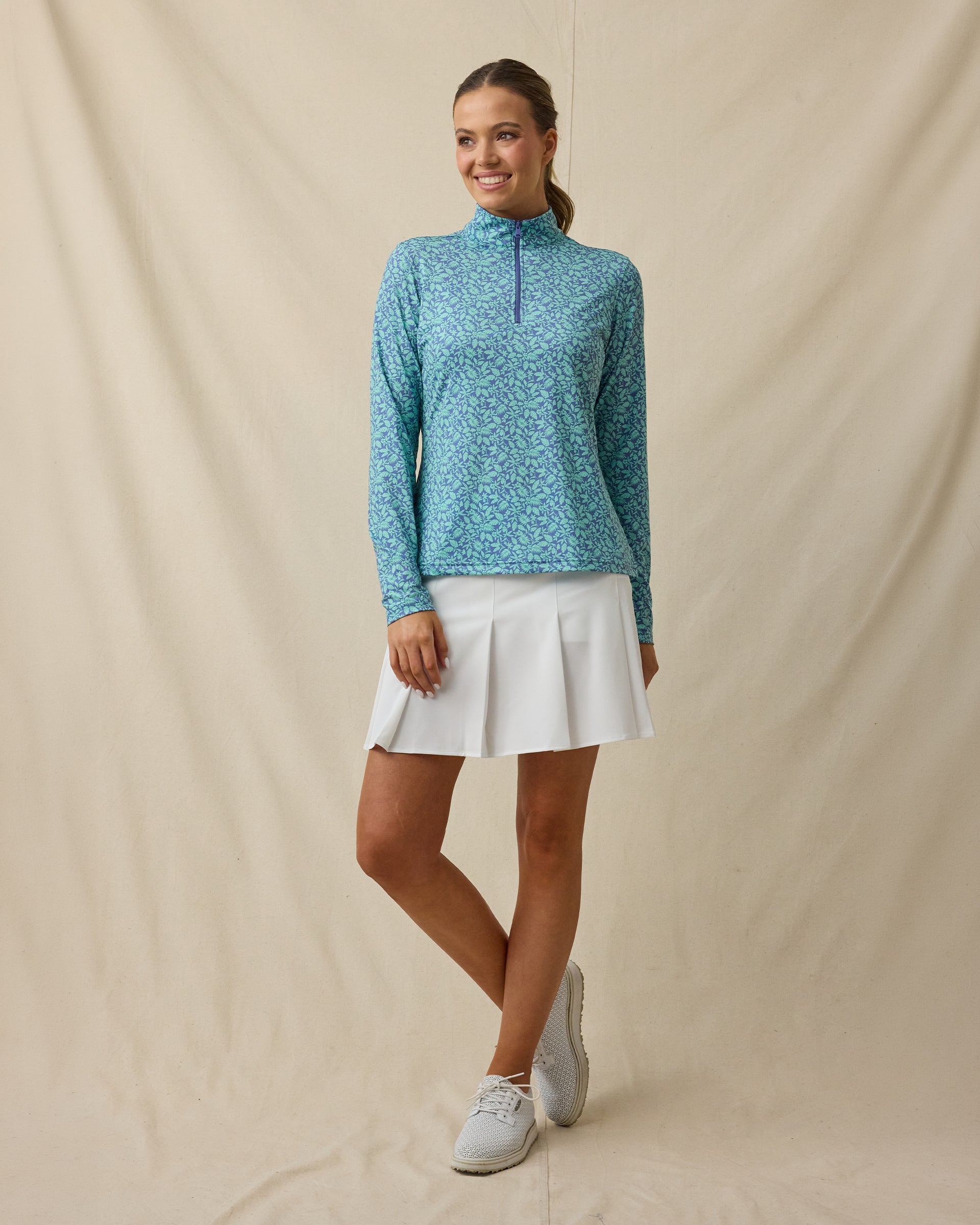Huli Quarter Zip in Tidal Blue, full outfit model view, quarter zip closed