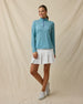 Huli Quarter Zip in Tidal Blue, full outfit model view, quarter zip closed