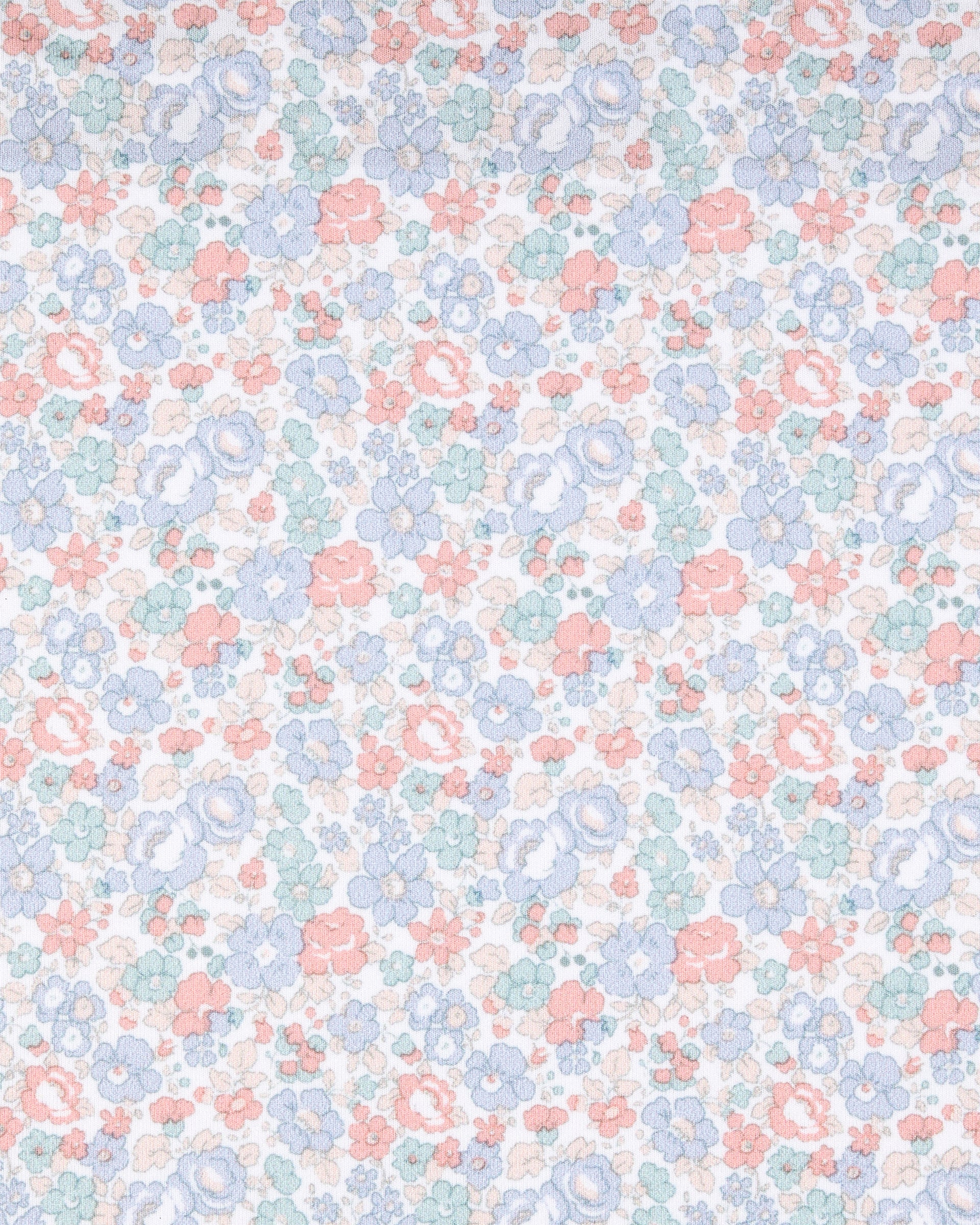 A close-up of a fabric pattern featuring a dense, small-scale floral print in pastel shades of pink, light blue, mint green, and lavender on a white background.