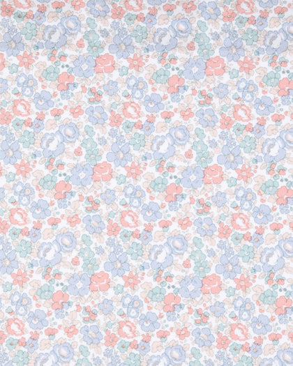 A close-up of a fabric pattern featuring a dense, small-scale floral print in pastel shades of pink, light blue, mint green, and lavender on a white background.