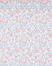 A close-up of a fabric pattern featuring a dense, small-scale floral print in pastel shades of pink, light blue, mint green, and lavender on a white background.