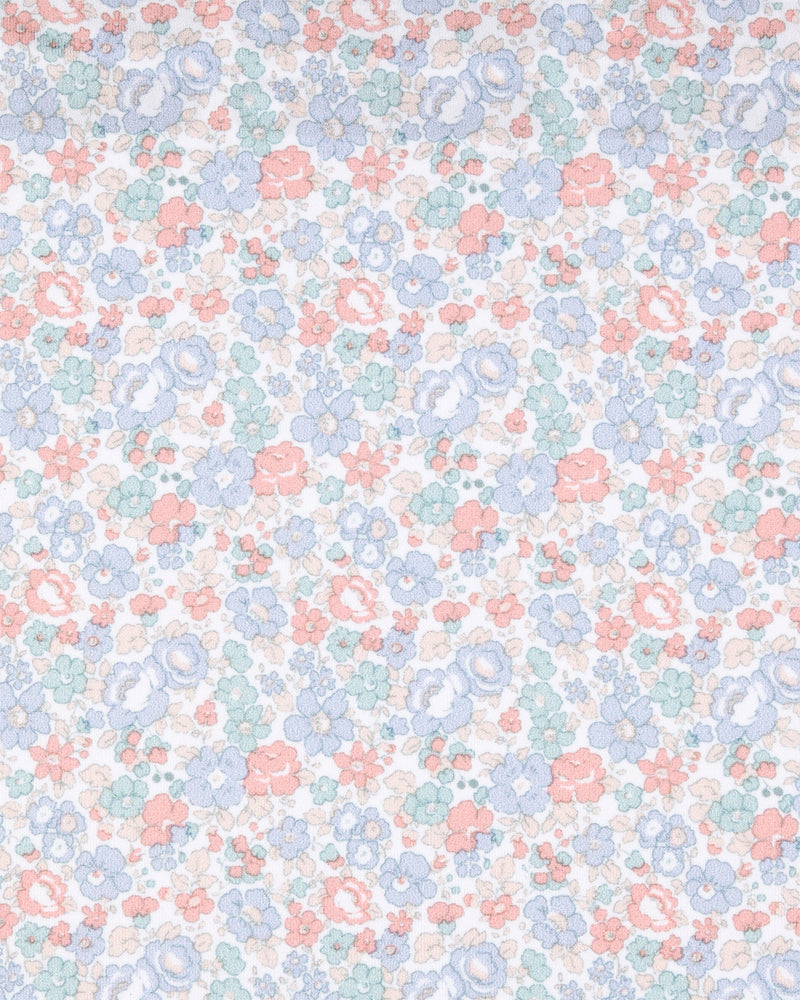 A close-up of a fabric pattern featuring a dense, small-scale floral print in pastel shades of pink, light blue, mint green, and lavender on a white background.