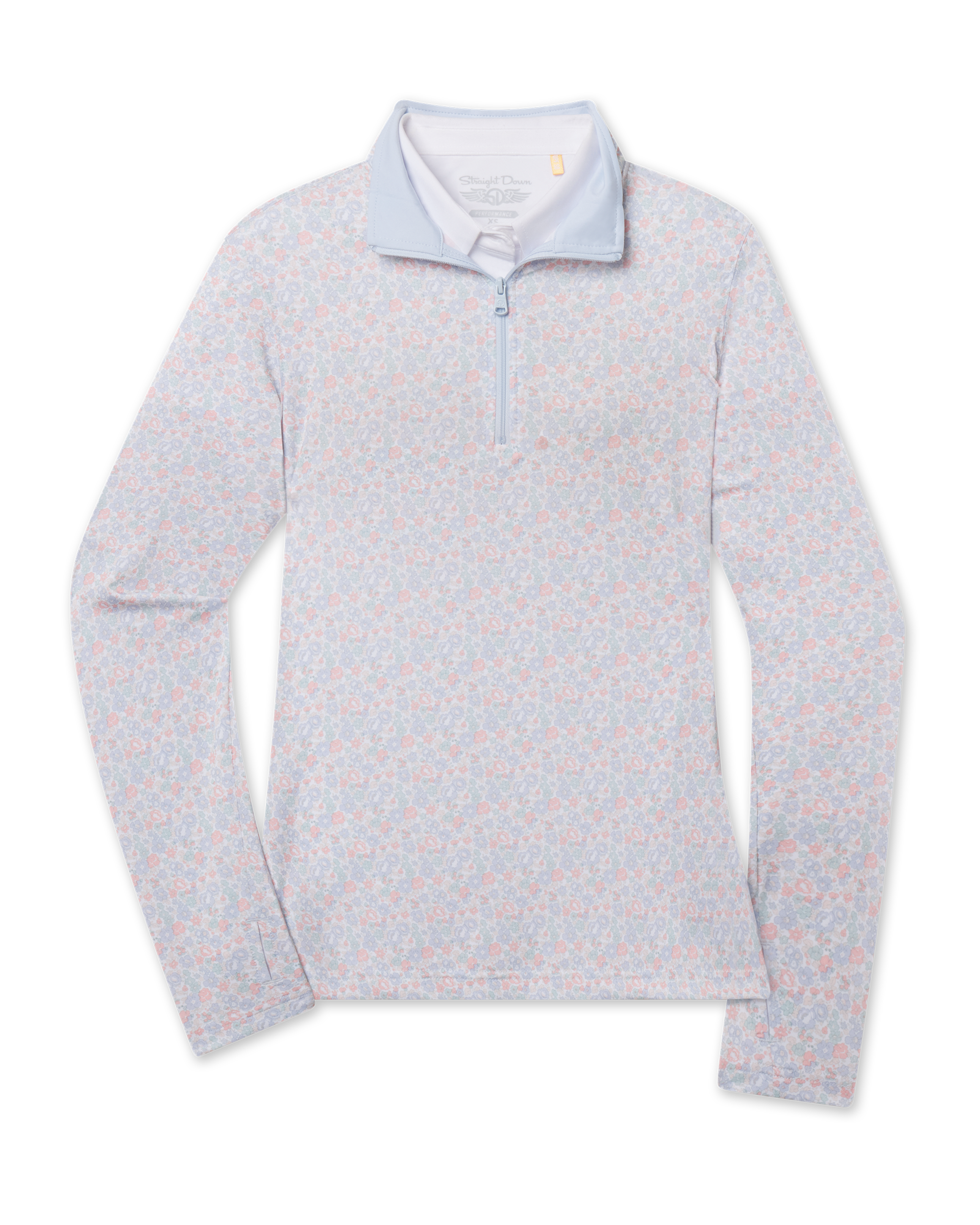 A women's long-sleeve quarter-zip pullover sweater with a light blue collar and a fine micro-pattern of small pink and blue flowers on a white base.