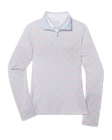 A women's long-sleeve quarter-zip pullover sweater with a light blue collar and a fine micro-pattern of small pink and blue flowers on a white base.