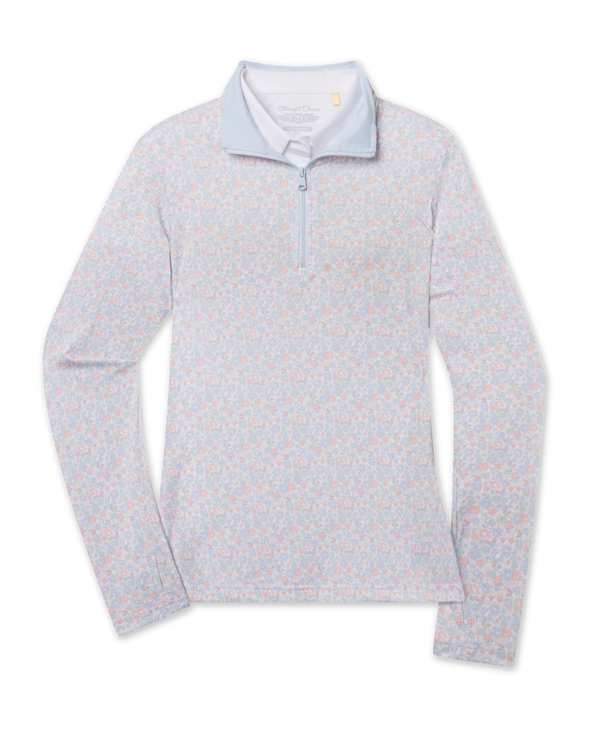 A women's long-sleeve quarter-zip pullover sweater with a light blue collar and a fine micro-pattern of small pink and blue flowers on a white base.