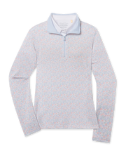A women's long-sleeve quarter-zip pullover sweater with a light blue collar and a fine micro-pattern of small pink and blue flowers on a white base.