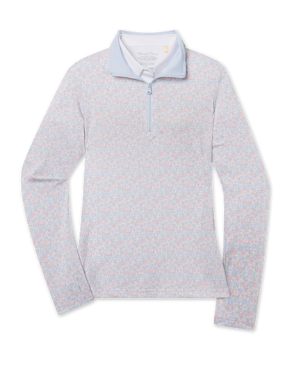 A women's long-sleeve quarter-zip pullover sweater with a light blue collar and a fine micro-pattern of small pink and blue flowers on a white base.