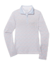 A women's long-sleeve quarter-zip pullover sweater with a light blue collar and a fine micro-pattern of small pink and blue flowers on a white base.