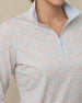 Close-up of the light blue floral quarter-zip top showing the pastel flower print, light blue zipper, and contrasting stand collar.