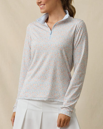 Front close-up of a woman wearing a light blue quarter-zip long-sleeve top with an allover pastel floral print and stand collar.