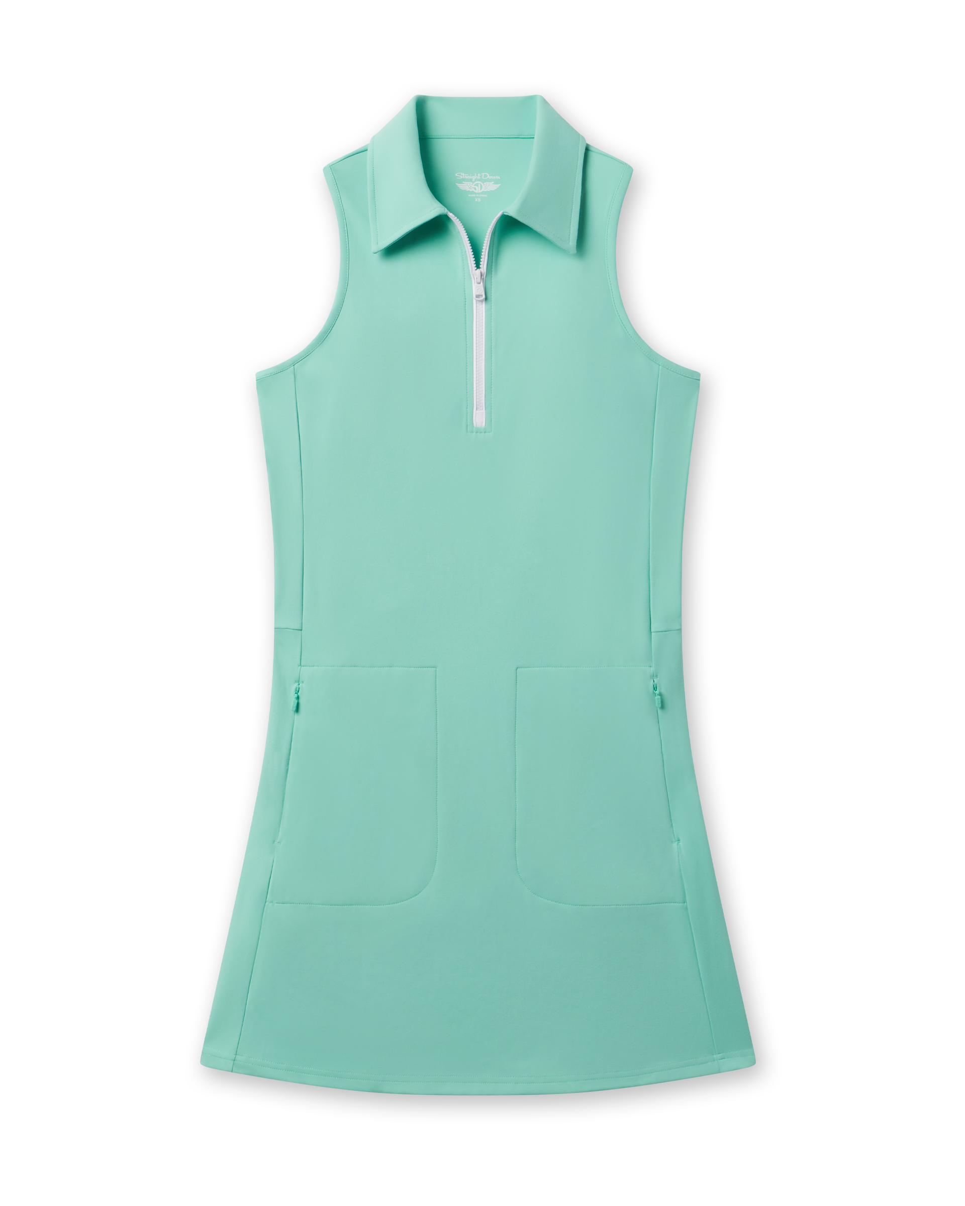 Greta Dress in Cascade Green with sleeveless zip collar design, front view