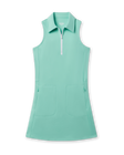 Greta Dress in Cascade Green with sleeveless zip collar design, front view