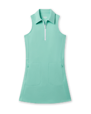 Greta Dress in Cascade Green with sleeveless zip collar design, front view