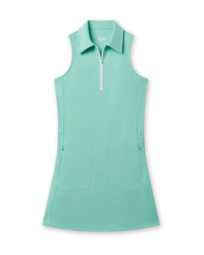 Greta Dress in Cascade Green with sleeveless zip collar design, front view