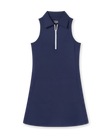 Women's Greta Dress in New Indigo, flat lay front view featuring a solid sleeveless construction with a quarter zip white closure, spread collar, and zip side pockets