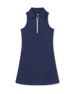 Women's Greta Dress in New Indigo, flat lay front view featuring a solid sleeveless construction with a quarter zip white closure, spread collar, and zip side pockets