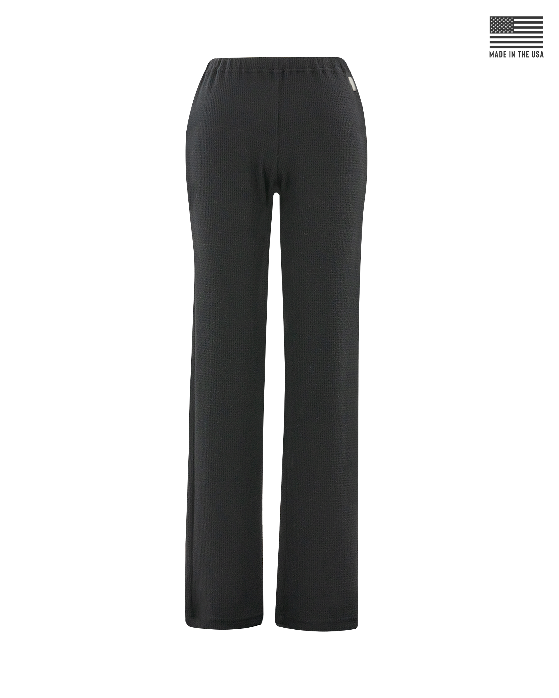 Women's Misty Pant in Black, front view featuring solid black waffle knit fabric, elastic waistband, wide leg silhouette, and Straight Down logo patch on the hip
