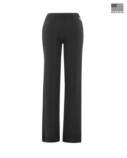 Women's Misty Pant in Black, front view featuring solid black waffle knit fabric, elastic waistband, wide leg silhouette, and Straight Down logo patch on the hip