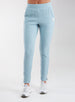 Women's Mavis Jogger in Mineral, front model view featuring a soft aqua waffle-knit jogger with elasticated waistband, side pocket with Straight Down logo patch, and ankle vent detail paired with white athletic shoes