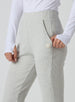 Women's Mavis Jogger in New Heather, close-up model view featuring a heather grey waffle-knit jogger with elasticated waistband, front seam detail, side pocket, and tonal Straight Down logo patch