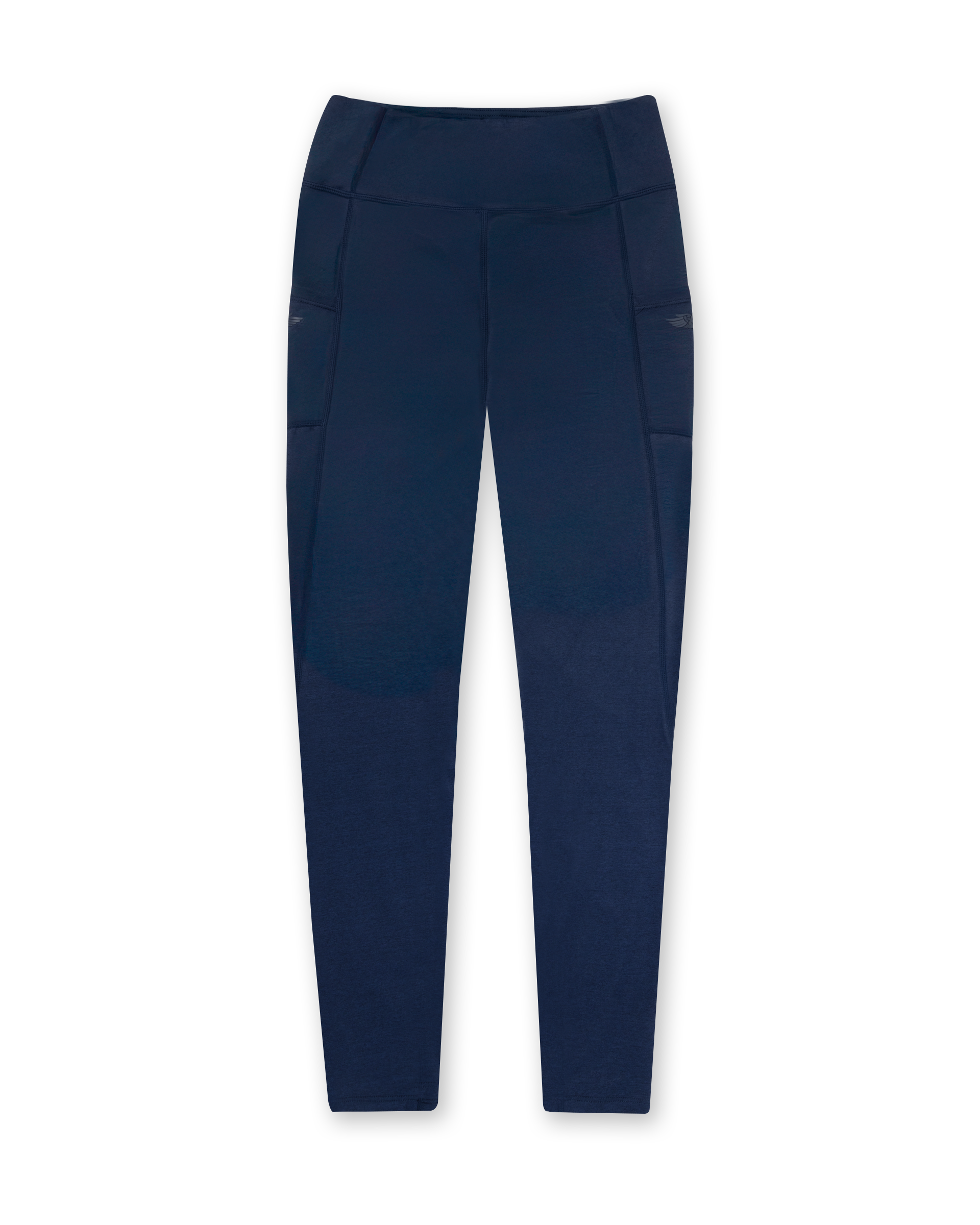 Sedona Legging in New Indigo, flat lay front view featuring a solid navy high-waisted legging with side pockets and Straight Down logo detail