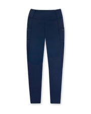 Sedona Legging in New Indigo, flat lay front view featuring a solid navy high-waisted legging with side pockets and Straight Down logo detail