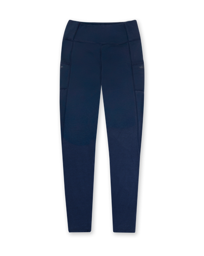 Sedona Legging in New Indigo, flat lay front view featuring a solid navy high-waisted legging with side pockets and Straight Down logo detail