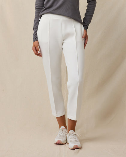 Model wearing the Straight Down Chelsea Pant in Coconut with a cropped straight-leg fit