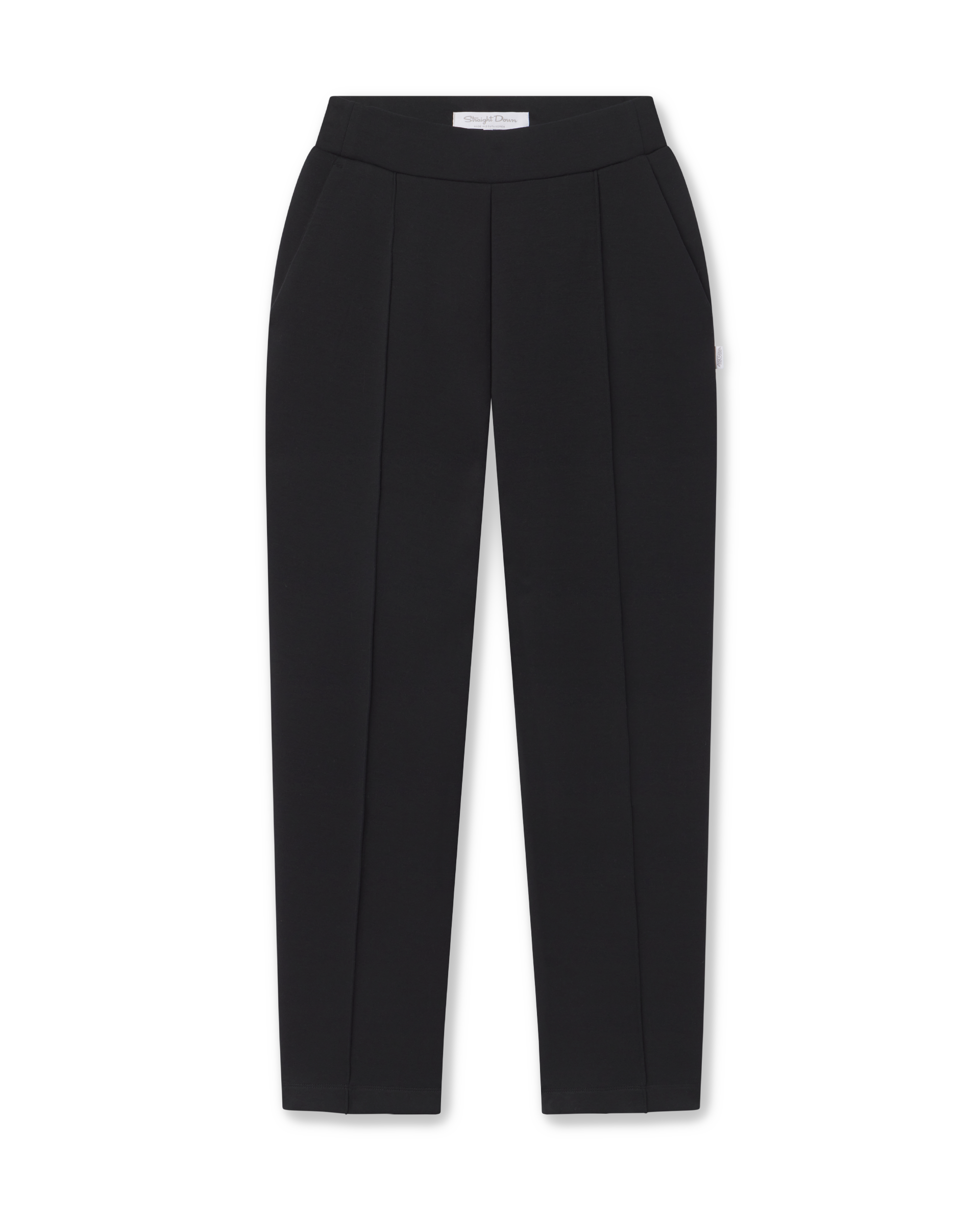 Black tailored trousers with a high waist and front crease, shown flat against a white background.