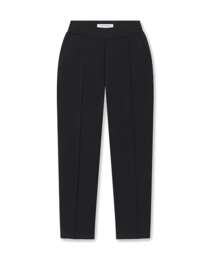Black tailored trousers with a high waist and front crease, shown flat against a white background.