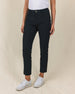Women's Stride Pant in Black, front view on model featuring black ankle-length pants with high rise waist and gold button closure, paired with a white top and white golf shoes