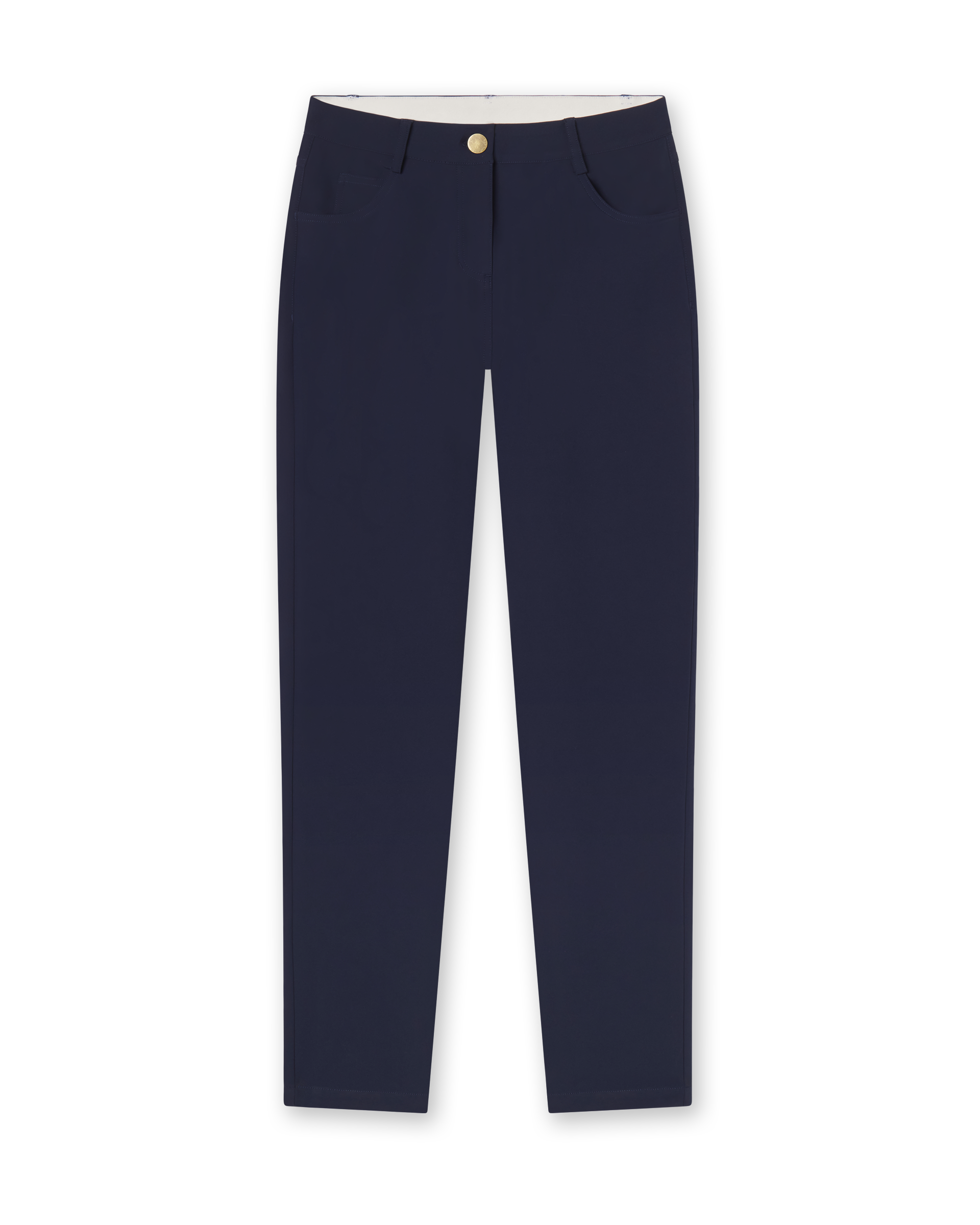 Women's Stride Pant in New Indigo, flat lay front view featuring solid navy fabric, front hip pockets, gold logo button closure, and a tapered leg