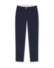 Women's Stride Pant in New Indigo, flat lay front view featuring solid navy fabric, front hip pockets, gold logo button closure, and a tapered leg